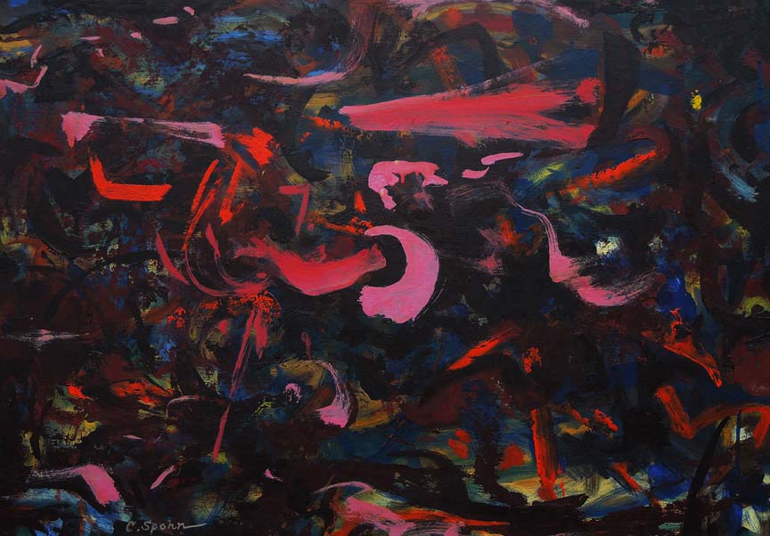 Abstract painting of dark, curved shapes in red, pink, and dark colors by Clay Spohn