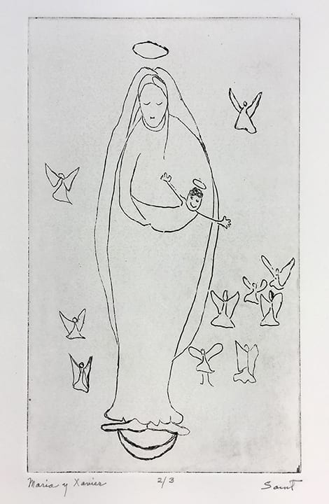 Simple etching of Maria Xavier surrounded by angels, by Ann Saint John Hawley
