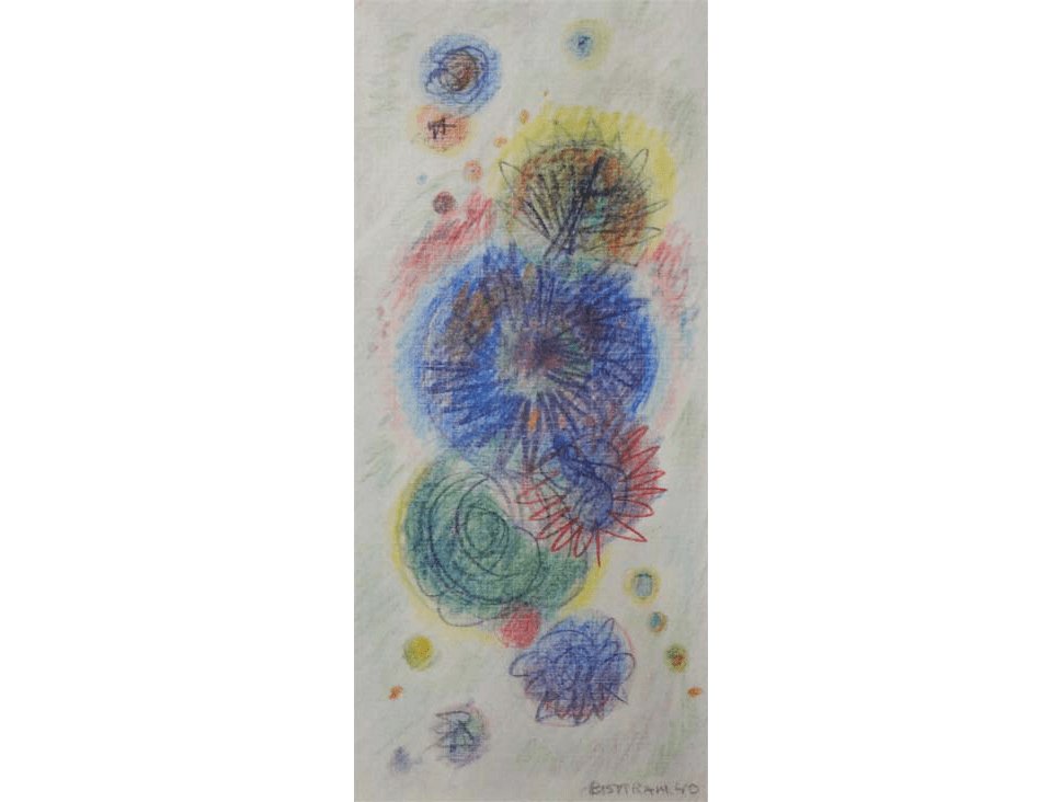 Colored pencil drawing of overlapping blue, red, green and yellow circles