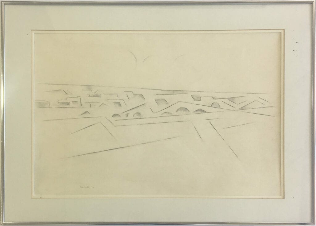 Modernist line drawing of Taos landscape on cream paper
