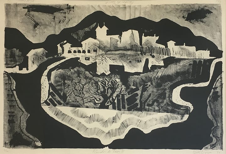 Ranchos de Taos II black and white lithograph by Keith Crown
