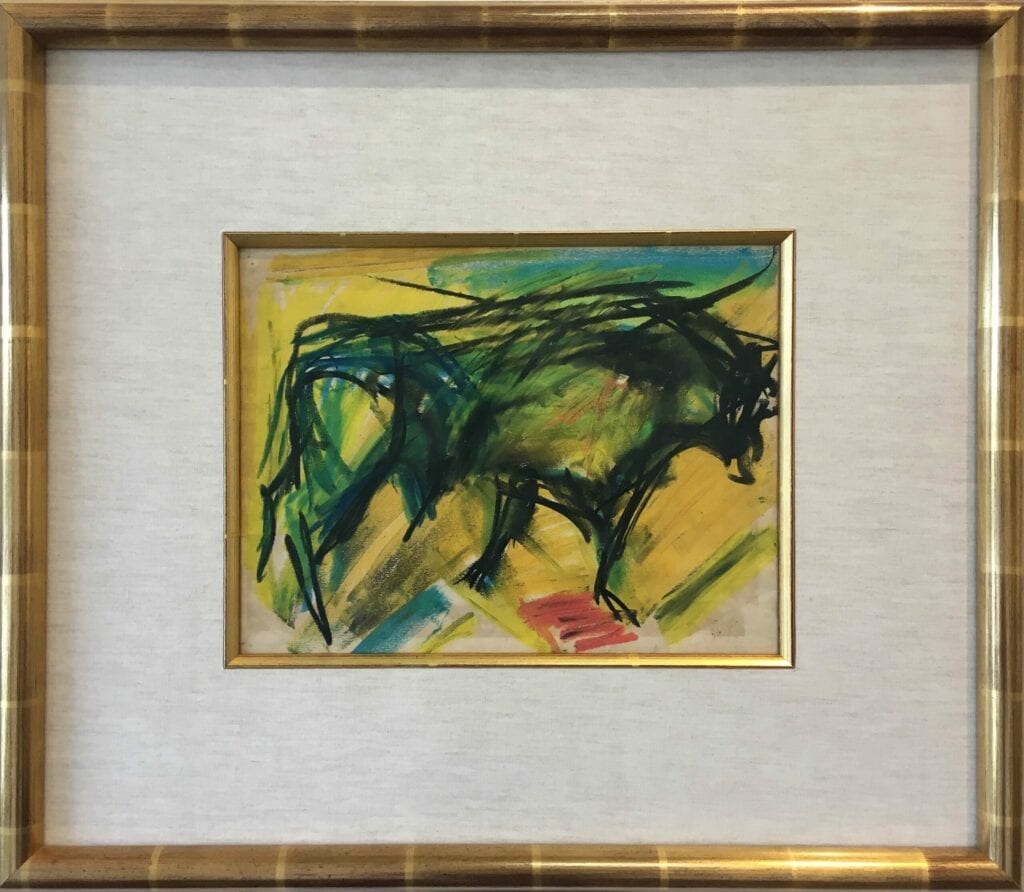 Abstract drawing of a bull by Elaine de Kooning in bright yellow, blue, green and red