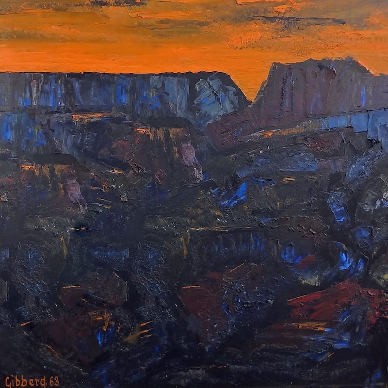Abstract painting of dark blue landscape with orange sky