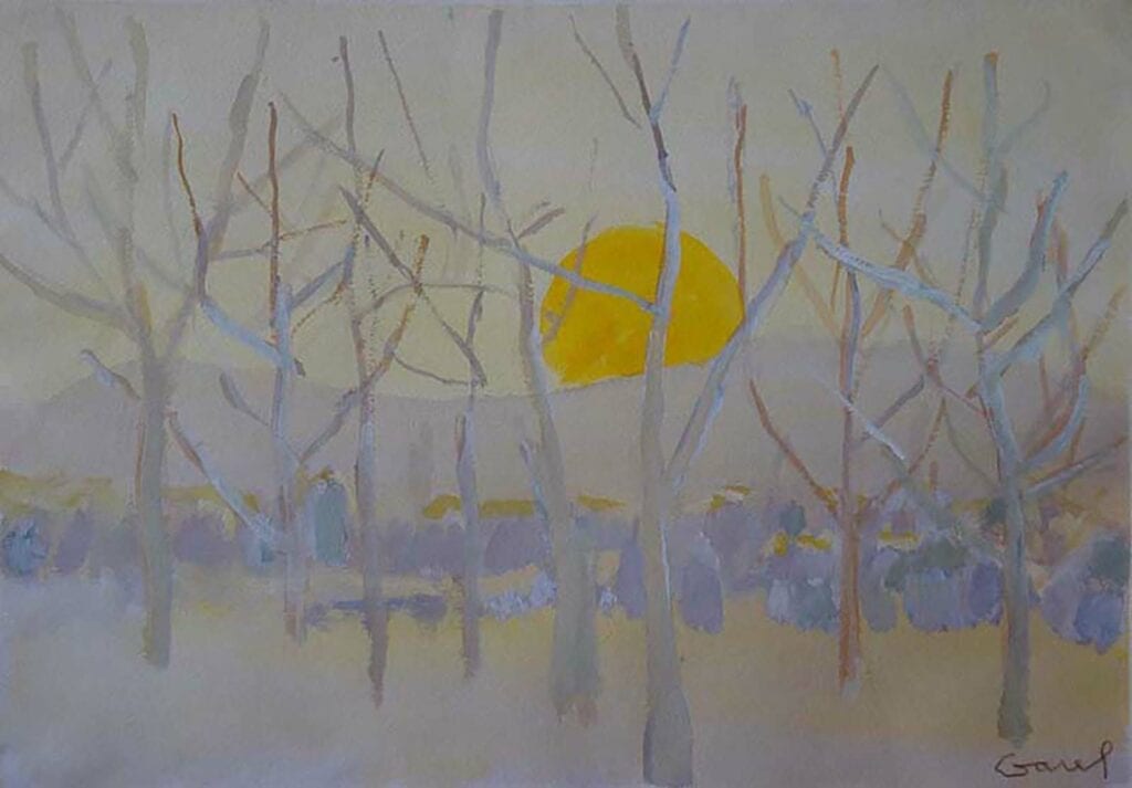 Winter Landscape with Yellow Sun by artist Leo Garel