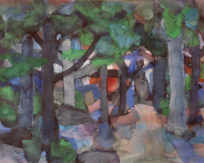 Tree Lined Path acrylic on paper by Leo Garel