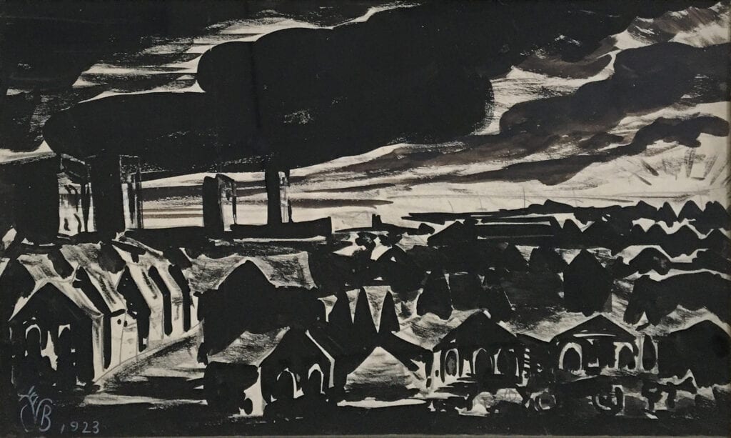 landscape of industrial town with smoke stacks in black and white