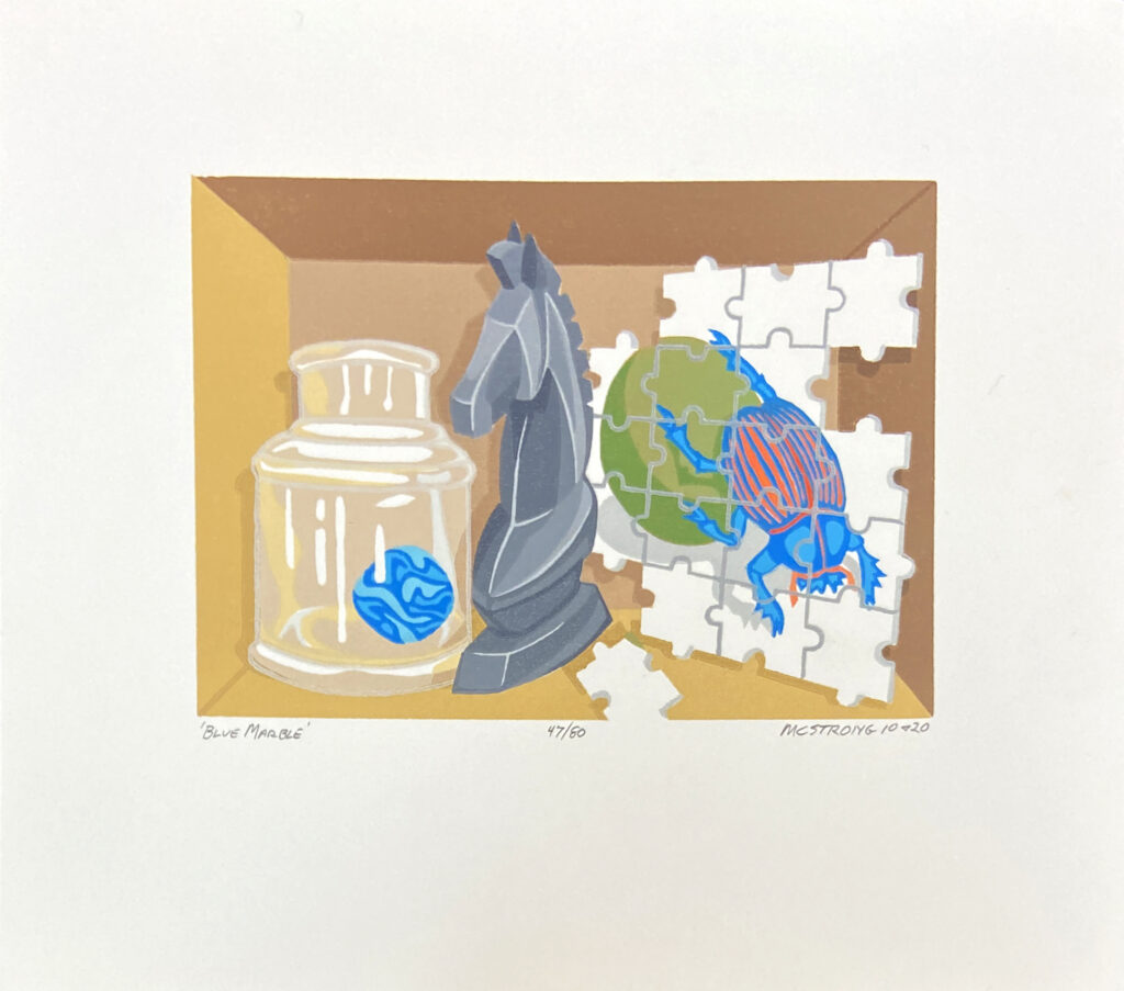 Blue Marble wood block print on paper by Mark Strong